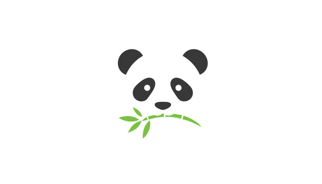 Adorable minimalist panda bear face vector illustration holding a fresh green bamboo branch in its mouth.