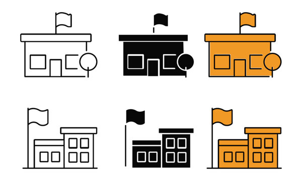 Set of stylized school building in outline solid and color variations