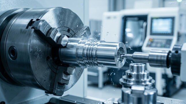 Industrial CNC lathe machine operating on a metal component with high-speed cutting.