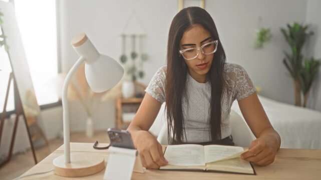 Woman reading and turning a page of a book at a wooden desk in a bright studio, wearing glasses and leaning forward; quiet concentration.