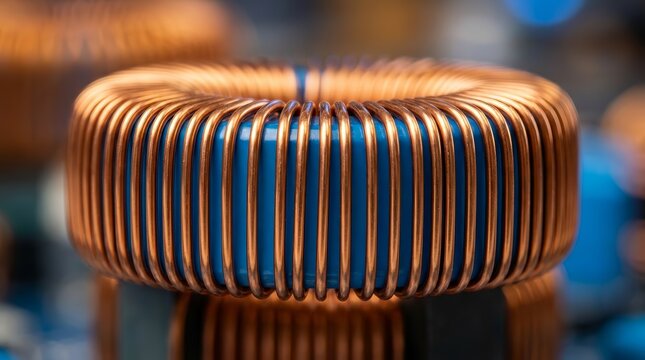 Copper toroidal coil wrapped around a blue core with an industrial concept background.