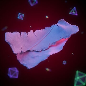 Floating torn paper piece with geometric wireframe shapes under purple and pink neon lighting futuristic art purple light dark background sci