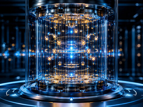 Quantum computing core concept inside illuminated glass chamber