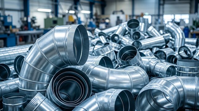 A collection of metal duct parts and ventilation pipes for industrial use.