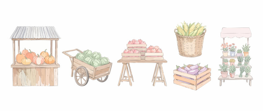 Farmers market stall watercolor illustration set with fresh organic produce, wooden cart, crates of vegetables, fruits, pumpkins, apples, cabbage, corn, and flowers on white background for harvest sea