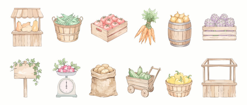 Fresh organic vegetables market set featuring wooden crates, baskets, stalls, tomatoes, carrots, potatoes, radishes, peas, squashes, and onions in watercolor style for rustic harvest visual design.