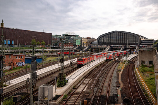 Hamburg, Germany - July 1, 2026: Multiple railway tracks and rail infrastructure approaching Hamburg Hauptbahnhof through the city centre.