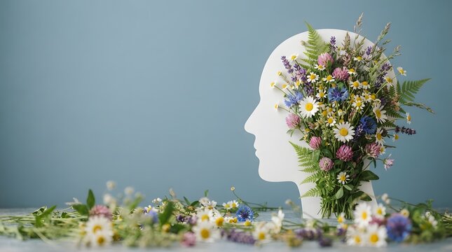 A conceptual artistic representation of a human head filled with colorful flowers to celebrate world mental health day by promoting mindfulness wellness and inner peace