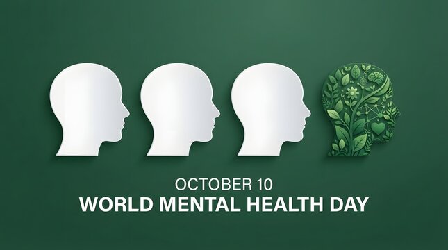A conceptual illustration featuring human head silhouettes and a brain made of green leaves for the annual observance of world mental health day in october