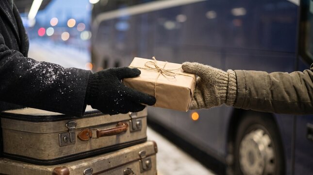Hands exchange a holiday parcel beside luggage in winter transit