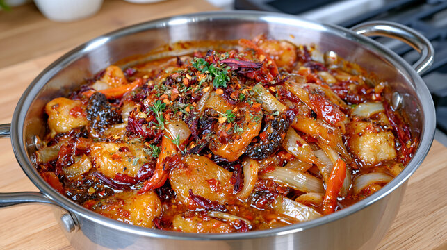 Close up cooking footage of homemade chamoy sauce ingredients slowly simmering in a stainless steel pot, softened dried apricots, prunes, hibiscus petals, chili peppers and spices blending into a ri
