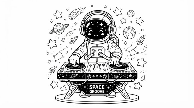 Cute astronaut dj playing music on turntables with stars and planets