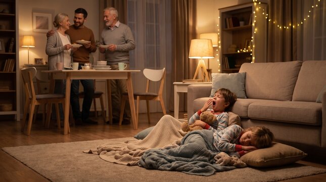 Children grow sleepy after midnight as family settles in together