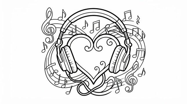 Headphones with a heart shape and music notes line art illustration