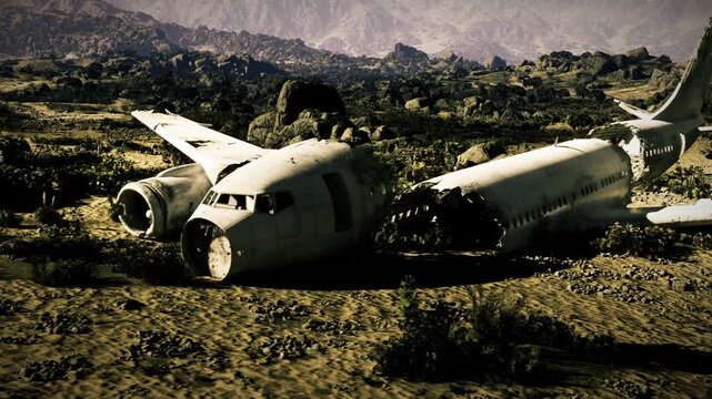 Sunrise over crashed plane in desert with warm golden light, hopeful atmosphere, long shadows and clear sky suggesting survey, mapping and beginning of recovery