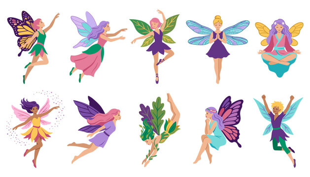 Fairies Set with Various Poses, Wings, and Floral Elements Featuring Fantasy