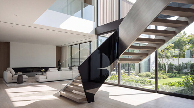 Modern Staircase in Luxury Residence: A sleek, contemporary staircase with a floating design and glass railings connects multiple levels of a bright, airy modern home.