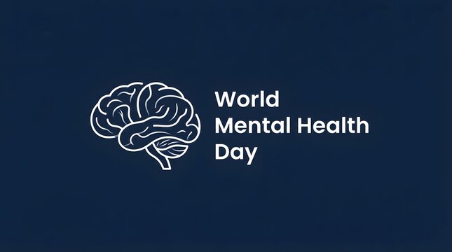 Minimalist graphic design featuring a human brain outline illustration with the text world mental health day isolated on a solid dark blue background for awareness