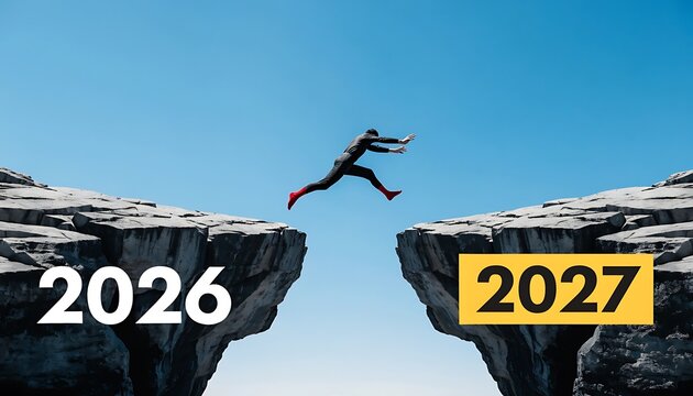 A businessman jumping over a gap between two cliffs representing the transition from year 2026 to 2027