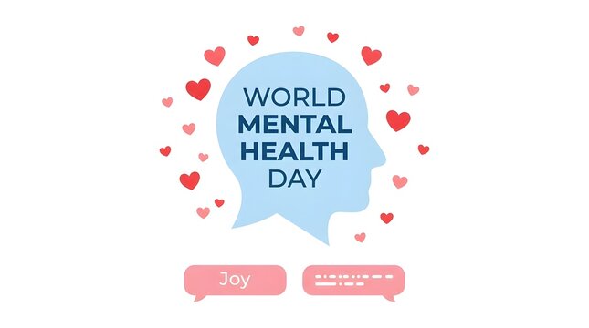 A conceptual illustration celebrating world mental health day featuring a human head silhouette surrounded by floating red hearts to promote emotional well being and awareness