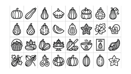 Fototapeta premium Black and white line drawing illustrations of various pumpkin types and fall elements