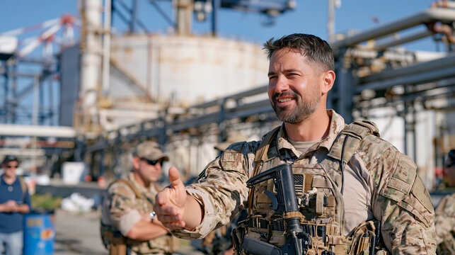 Dynamic side view of soldiers in desert camouflage coordinating positions around a large oil terminal, enormous storage tanks, elevated pipelines and port cranes creating an impressive industrial ba