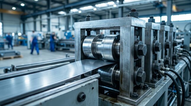 Industrial roller feed unit processing metal sheet strip for shape beam production.