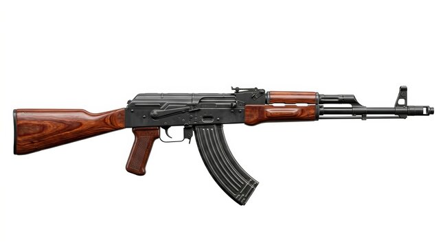 Detailed view of a Kalashnikov AKM assault rifle with wooden stock and handguard.