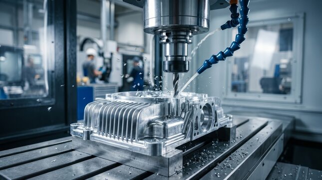 Industrial metal processing using a CNC drilling machine on a complex metal workpiece.