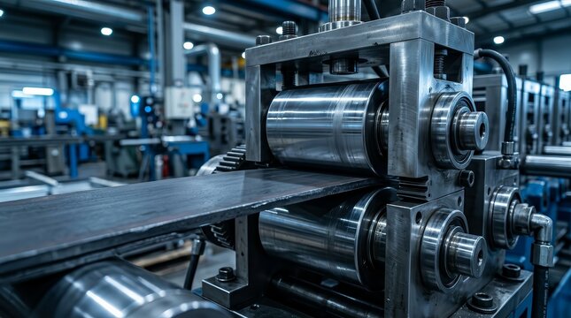Industrial metal processing concept featuring a continuous metal sheet strip and roll forming machine rollers.
