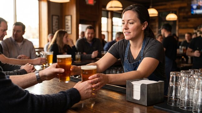 Freshly poured beers passed to waiting hands across the bar