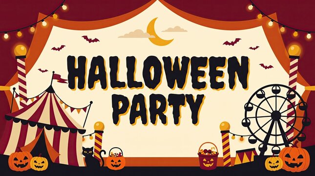 Vibrant flat design halloween party carnival illustration with a big top, ferris wheel, string lights, and pumpkins under a night sky, creating a festive mood.