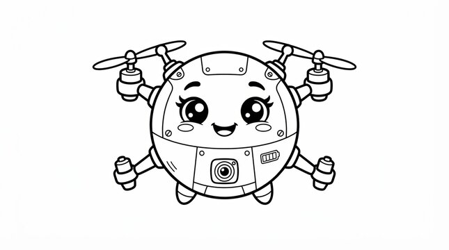 Cute cartoon drone character with big eyes isolated on white background