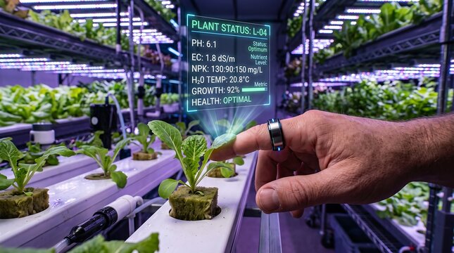 Agricultural engineer touching a plant in a vertical farm with data overlay hologram