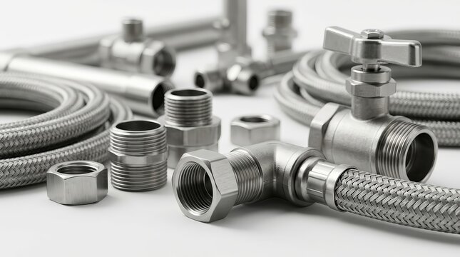 Industrial metal concept featuring various stainless steel piping parts and plumbing components.