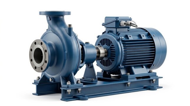 Blue electric motor driven industrial high-pressure water pump isolated.