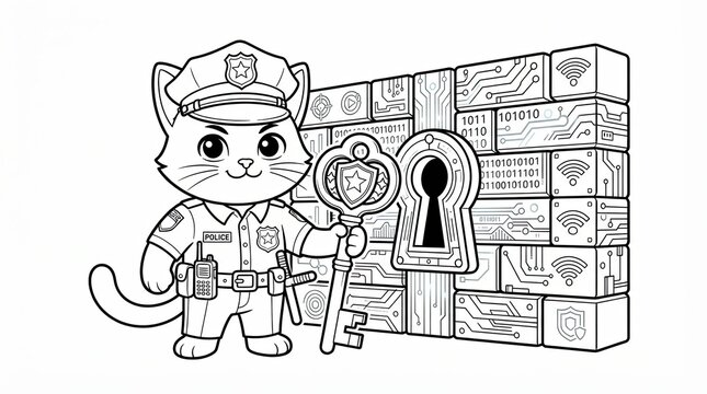 Cute police cat holding a large key near a digital security wall