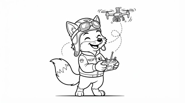 Cute fox character flying a drone with a remote controller