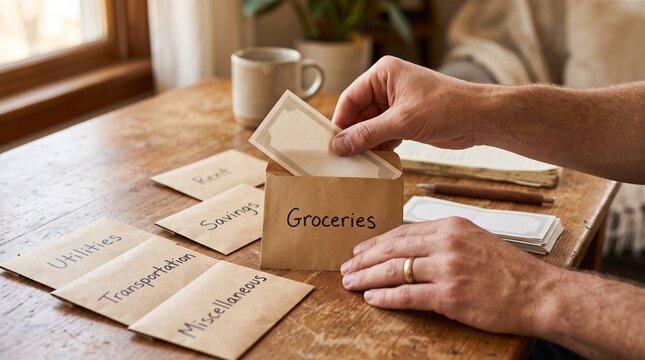 Hands putting paper money into groceries envelope on wooden desk, cash stuffing envelope budgeting method