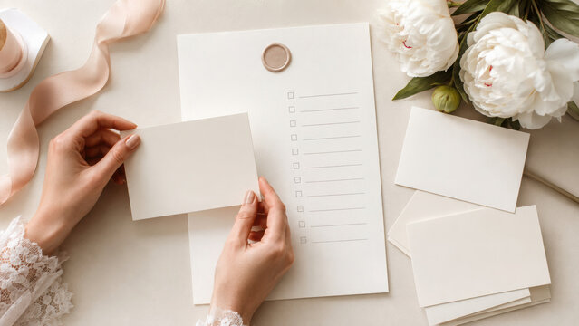 Wedding checklist blank card invitation floral elegant feminine white peony ribbon planning romantic stationery list hand table event celebration