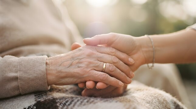 A caring young person holding the wrinkled hand of an elderly senior citizen to provide comfort and emotional support during world mental health day awareness