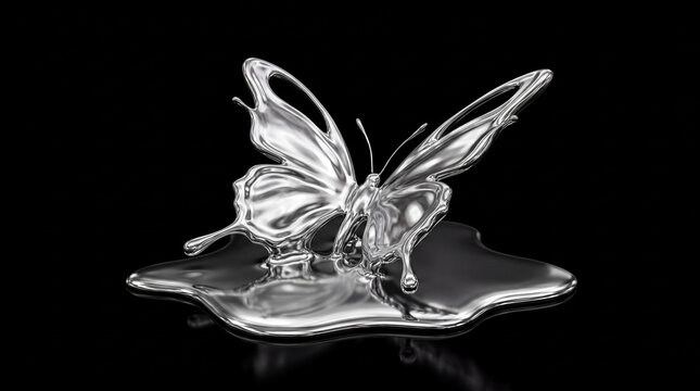 Liquid Silver Butterfly Sculpture: A stunning sculpture of a butterfly crafted from liquid silver, with delicate wings and fluid form, resting on a reflective surface.