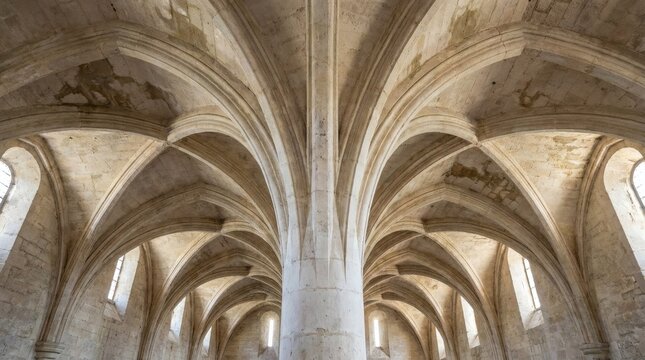 Architectural detail of historic stone ribbed vaulted ceiling and arches in an old European abbey or church.