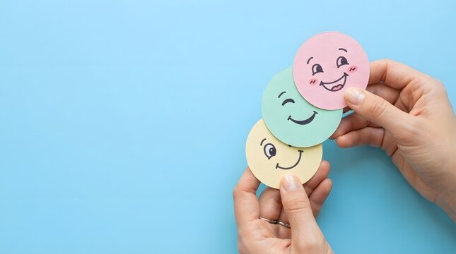 Hands holding colorful paper circles with various hand drawn facial expressions representing emotions for world mental health day on a solid light blue background surface