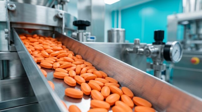 Mass production of orange pill tablets on a conveyor belt within a pharmaceutical manufacturing plant.