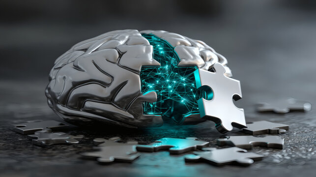 conceptual render of a silver metallic brain model on a dark textured stone floor. An elegant chrome puzzle piece is being removed from the frontal lobe, exposing an intense neon blue digital 