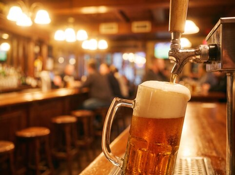 Bartender pouring fresh draft beer into glass mug from tap in cozy pub bar, nightlife refreshment concept