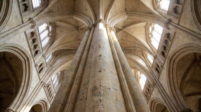 Gothic Cathedral Interior: High vaulted ceiling, massive stone column, pointed arches, and windows detail classic medieval architecture.