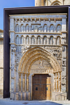 Portal of Church of Santa Maria in Sanguesa, Spain, close up view. Detailed medieval romanesque stone carving architecture