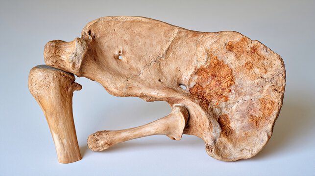 Museum-quality scientific 3D model displaying healthy hip bone anatomy on the left and advanced cancerous bone changes on the right, dramatic contrast between smooth compact bone and distorted fragi